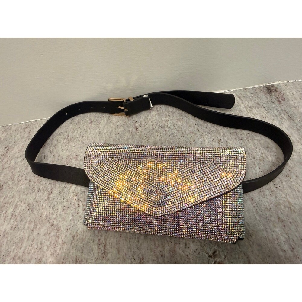 Sparkly Rhinestone / Crystal Black Faux Leather Belt Bag Waist Pouch